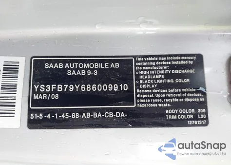 2008 Saab 9-3 2.0T z USA, uszkodzony, nr VIN YS3FB79Y686009910
